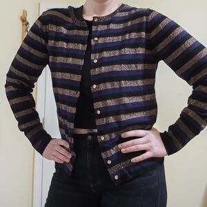 LOFT Gold Blue Metallic Striped Cardigan Sweater Medium Wool Blend